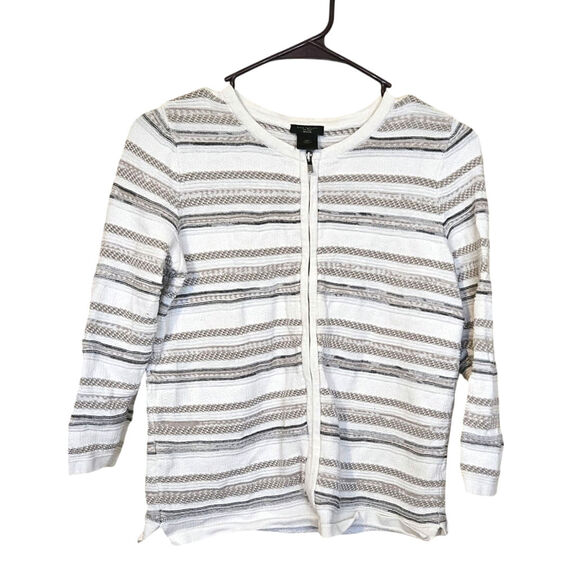 Ann Taylor Factory Size Medium Petite MP Zipper Jacket Sweater White Striped - Picture 1 of 10
